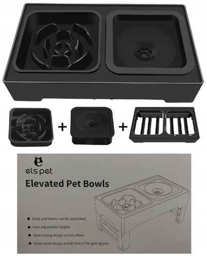 Dviguba šunų dubenėlio, nešlapinanti, sulėtinanti, reguliuojamo aukščio dubenėlio stovas