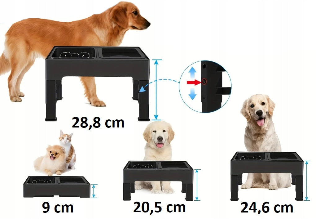 Dviguba šunų dubenėlio, nešlapinanti, sulėtinanti, reguliuojamo aukščio dubenėlio stovas