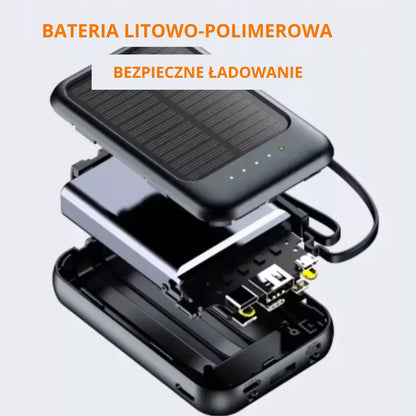 Saulės energijos išorinė baterija 10 000 mAh 4in1 su Lightning, USB-C, Micro USB laidais