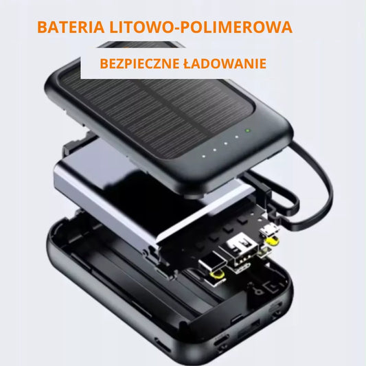 Saulės energijos išorinė baterija 10 000 mAh 4in1 su Lightning, USB-C, Micro USB laidais