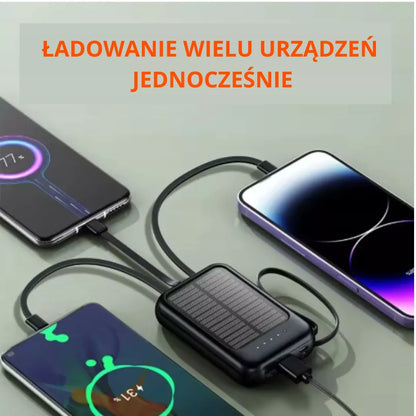 Saulės energijos išorinė baterija 10 000 mAh 4in1 su Lightning, USB-C, Micro USB laidais