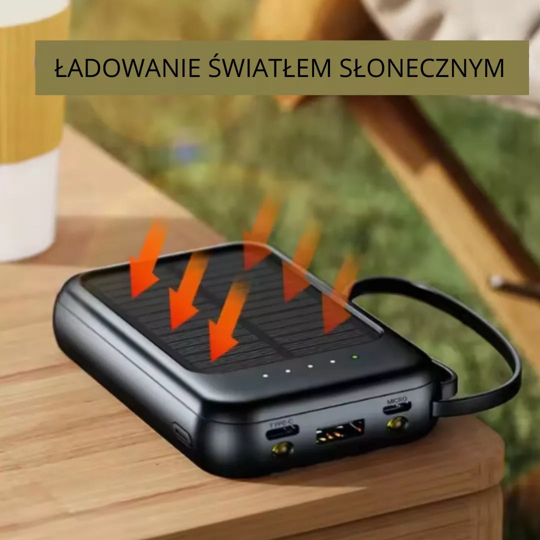 Saulės energijos išorinė baterija 10 000 mAh 4in1 su Lightning, USB-C, Micro USB laidais