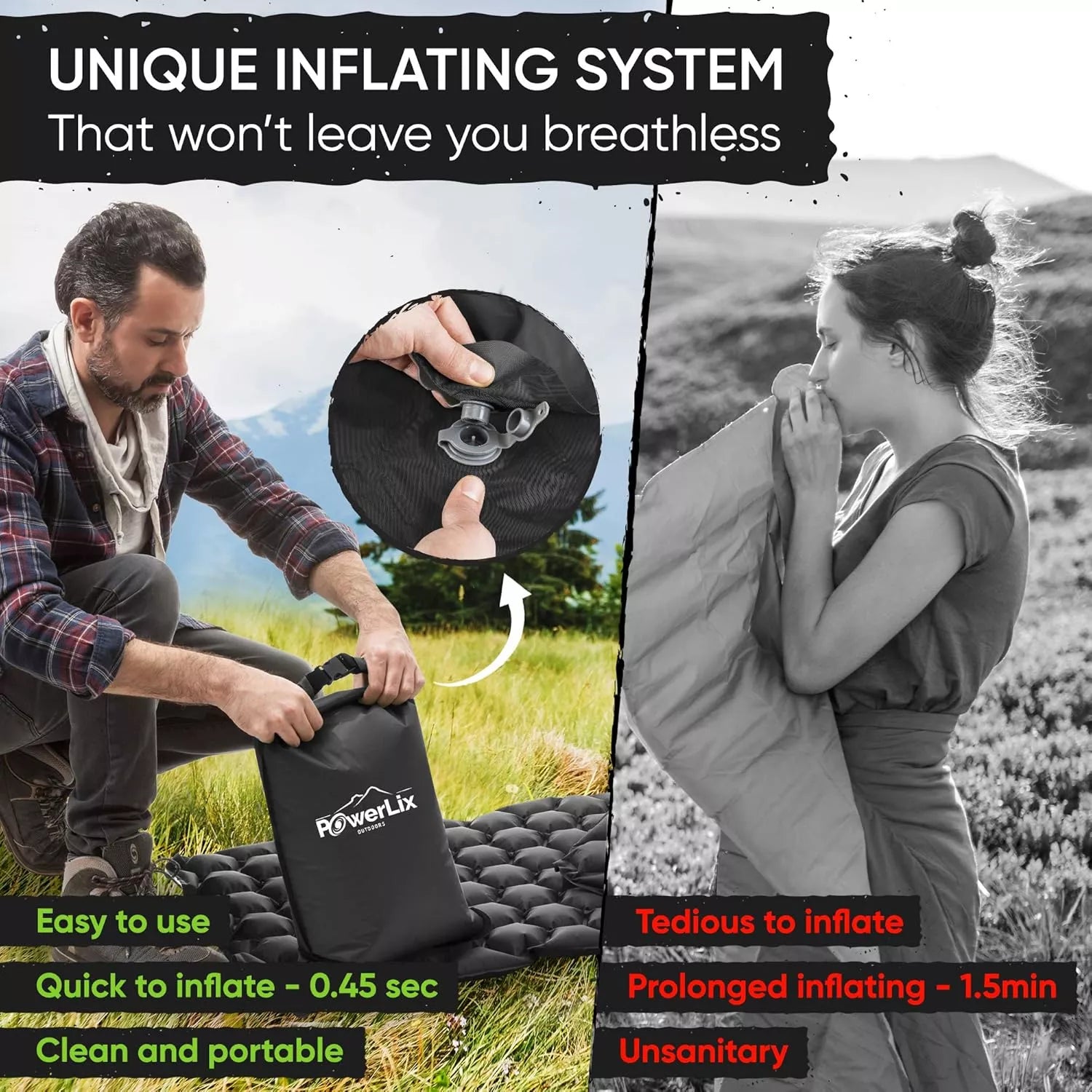 POWERLIX Ultralight Travel Camping Mat 198x58 cm Black