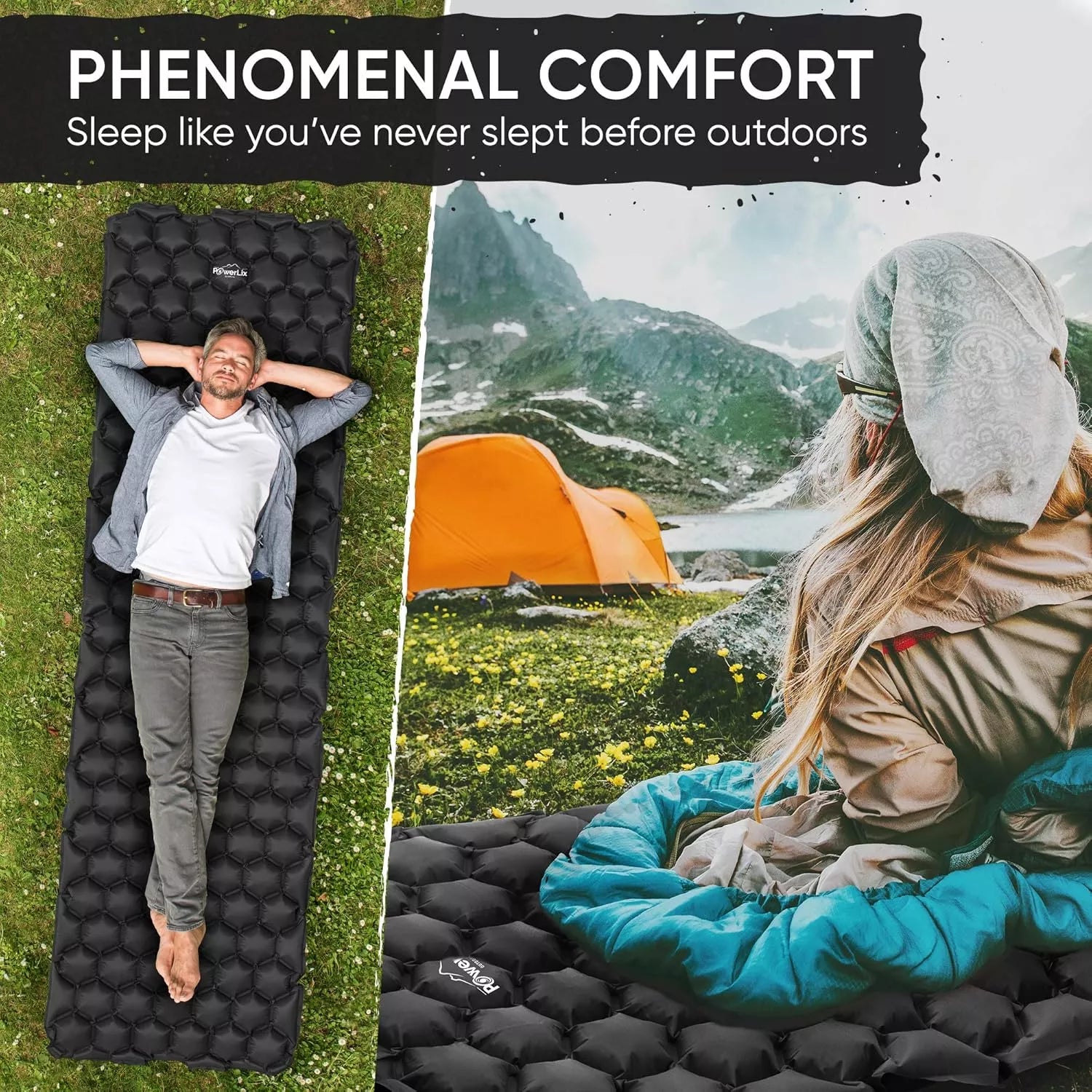 POWERLIX Ultralight Travel Camping Mat 198x58 cm Black