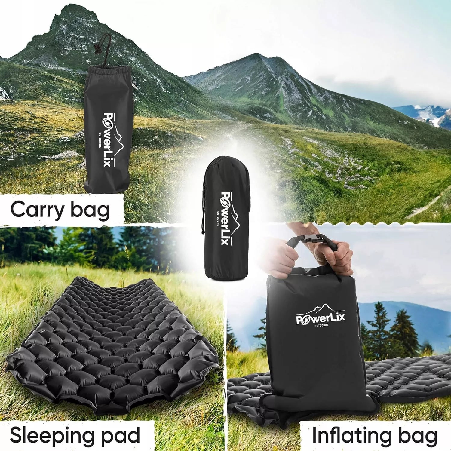 POWERLIX Ultralight Travel Camping Mat 198x58 cm Black