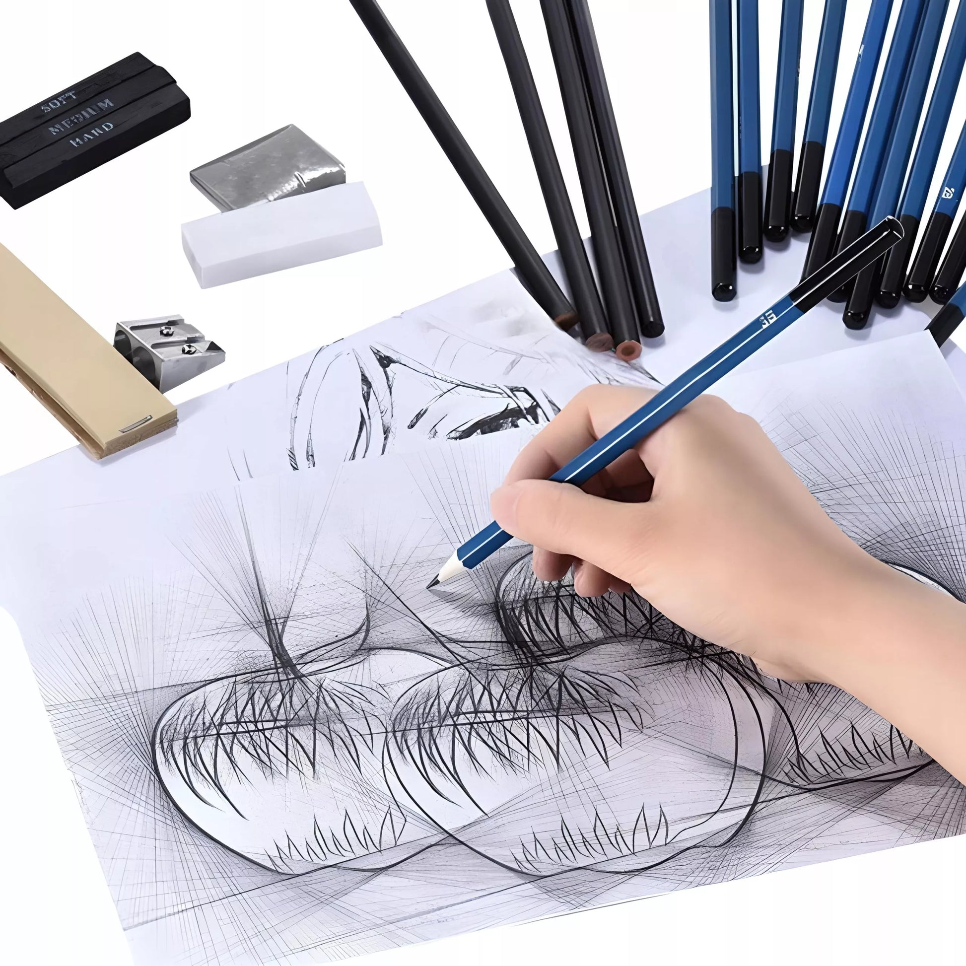 PROFESIONALUS PIEŠTUKŲ SKETCHINGUI IR BRĖŽYMUI RINKINYS 32W1 PIEŠTUKAI + DĖKLAS
