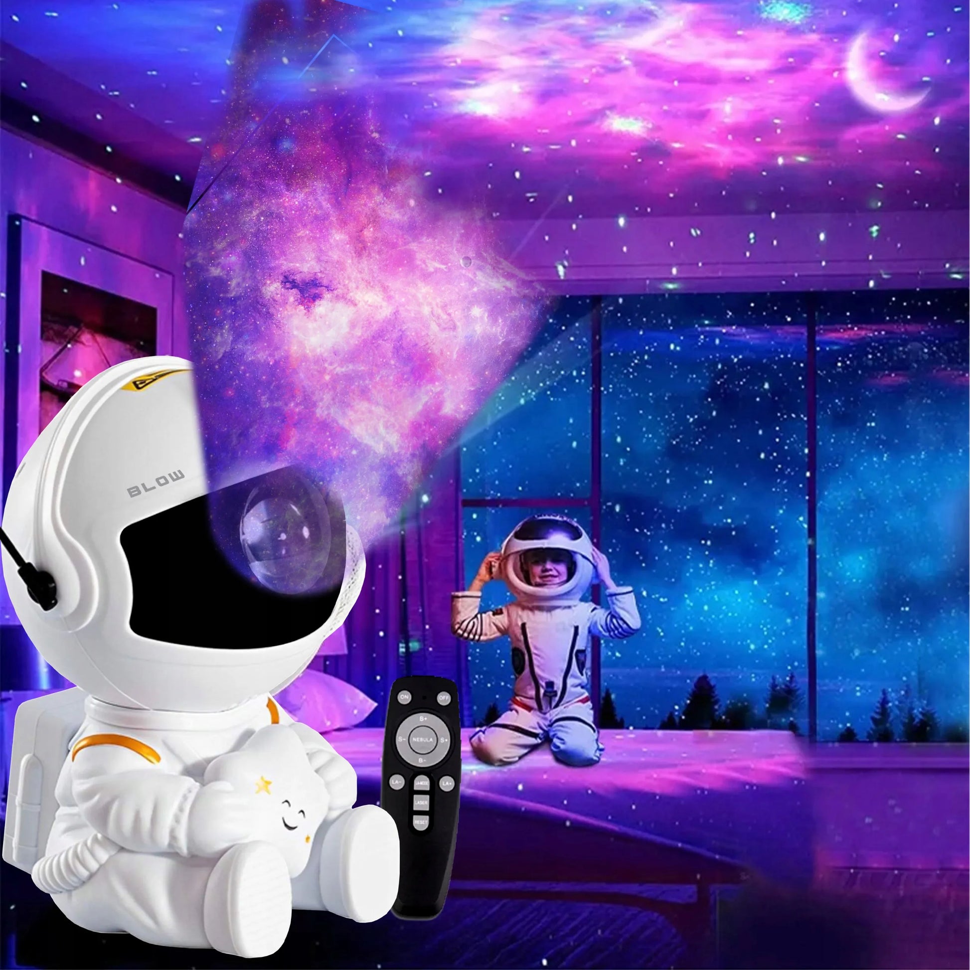 Žvaigždžių projektorius astronautas - naktinė lempa vaikams su pulteliu ir lazeriniu efektu