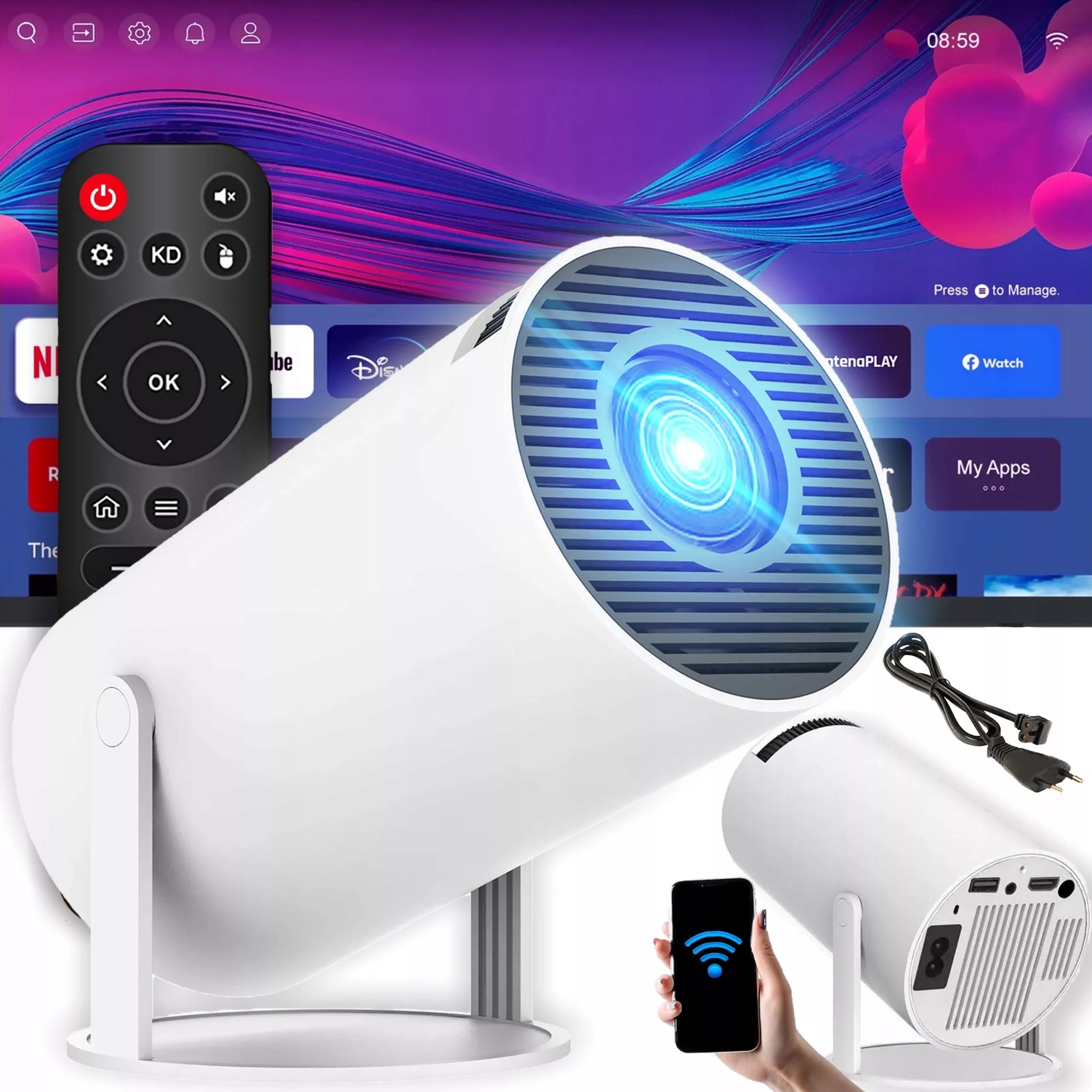PROJEKTORIUS RZUTNIK WIFI ANDROID NEŠIOJAMAS SUKAMAIS SMART 4K GARSIAKALBIS BT 5.0