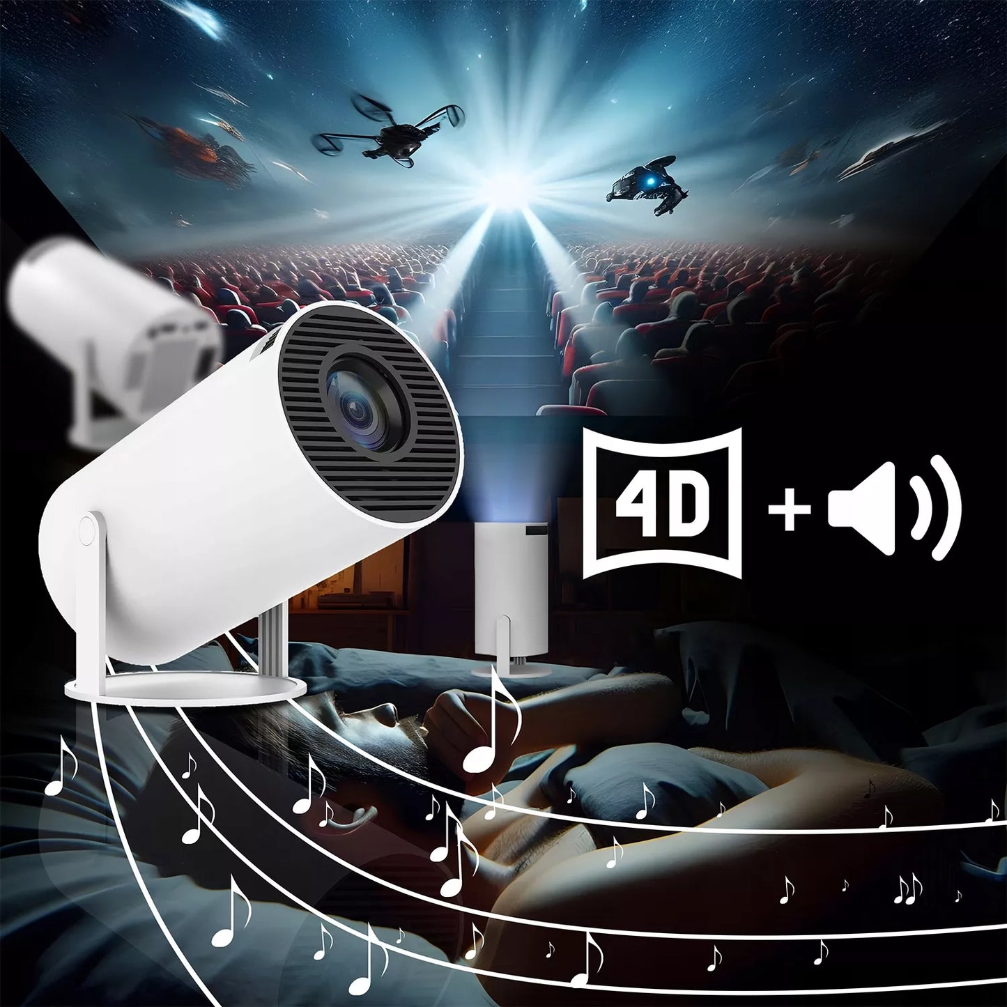 PROJEKTORIUS RZUTNIK WIFI ANDROID NEŠIOJAMAS SUKAMAIS SMART 4K GARSIAKALBIS BT 5.0