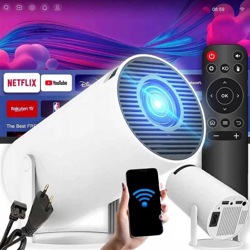 PROJEKTORIUS RZUTNIK WIFI ANDROID NEŠIOJAMAS SUKAMAIS SMART 4K GARSIAKALBIS BT 5.0