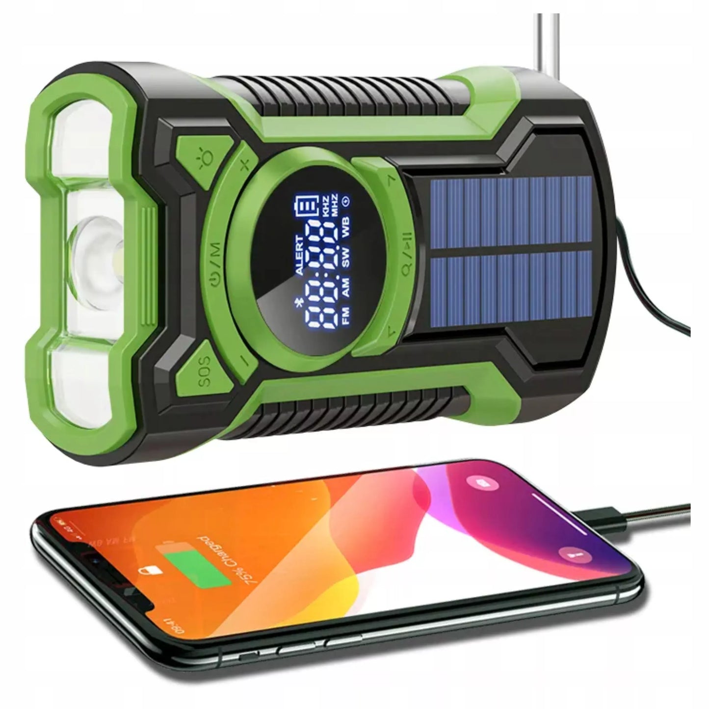 NEŠIOJAMAS SAULĖS RADijas, SKRIESTUVAS, SIGNALIZACIJA, DYNAMA, AVARINIS ŽIBINTUVĖLIS 5000mAh JB-07G
