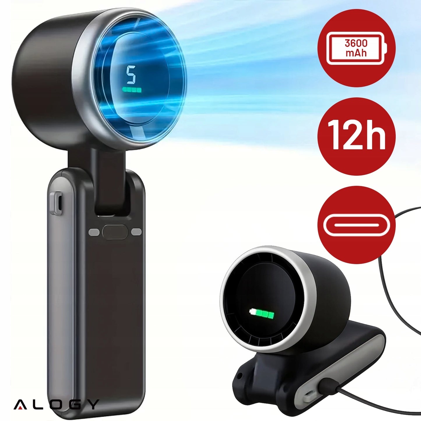 Nešiojamas mini ventiliatorius, tylus stalo ventiliatorius, rankinis, 3600mAh, 5 režimai