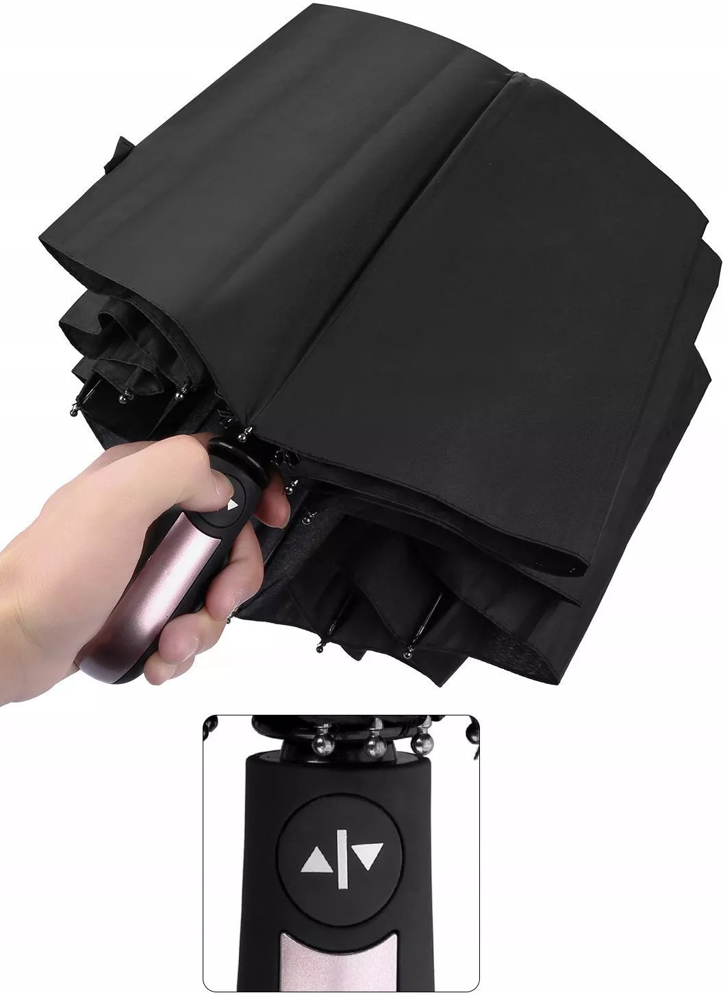 Automatinis sulankstomas skėtis vyrams ir moterims, automatiniu atidarymu XL dydžio, su dėklu, juodas