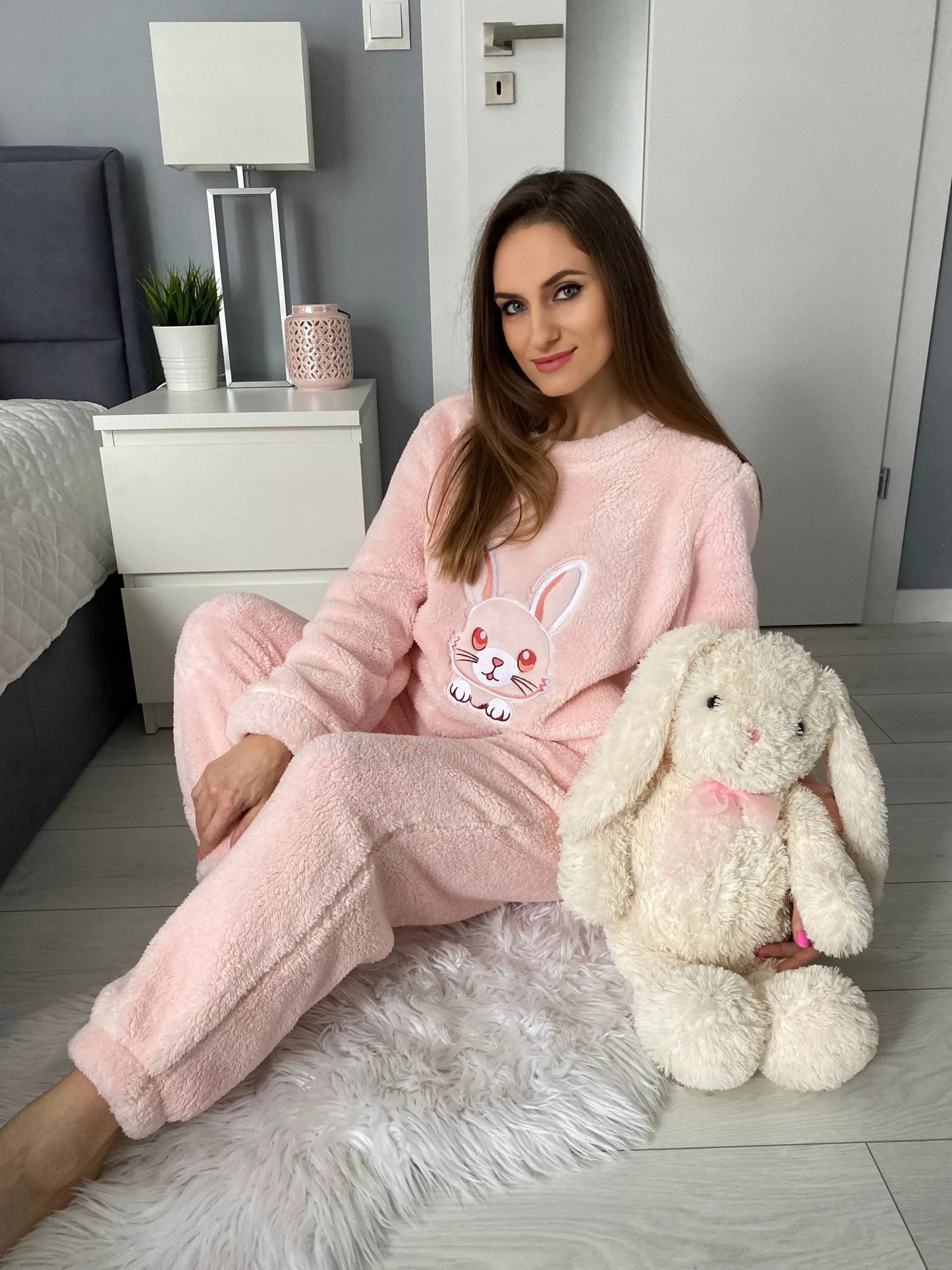 Moteriška dviejų dalių pižama, labai šilta, stora, su kišenėmis, siuvinėta, rožinė, XL