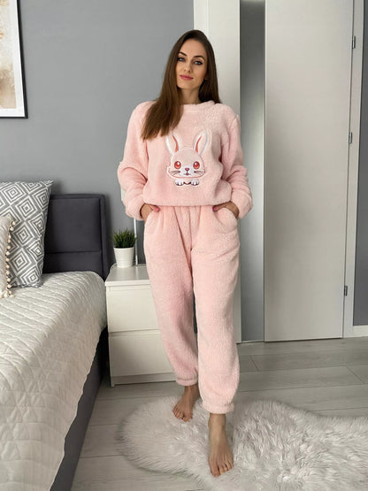 Moteriška dviejų dalių pižama, labai šilta, stora, su kišenėmis, siuvinėta, rožinė, XL