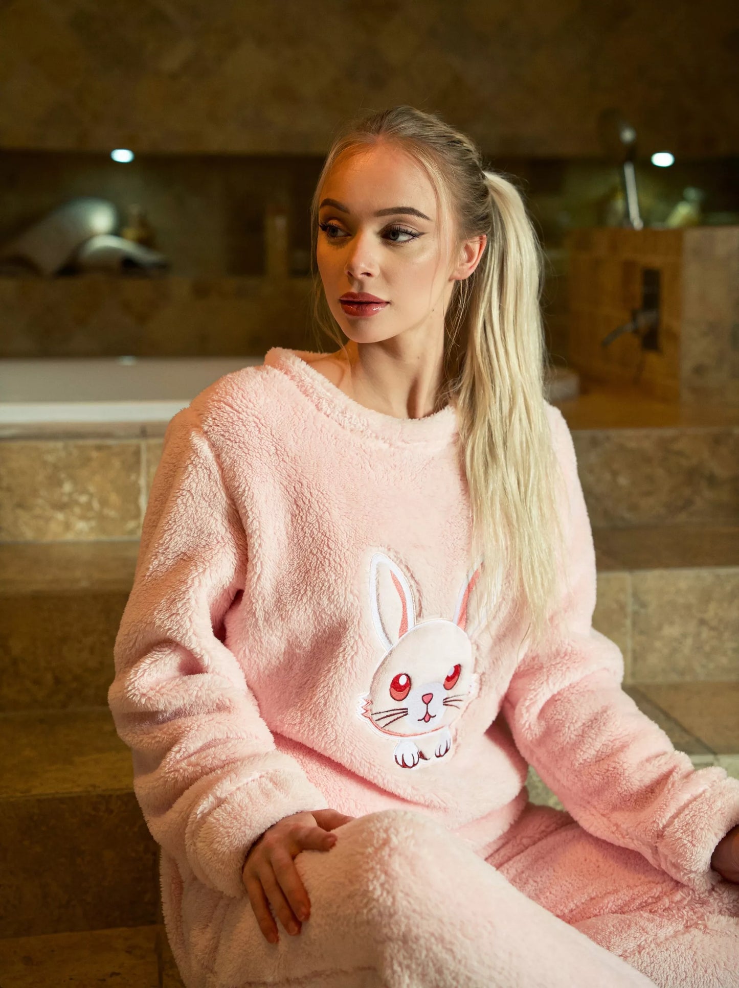 Moteriška dviejų dalių pižama, labai šilta, stora, su kišenėmis, siuvinėta, rožinė, XL