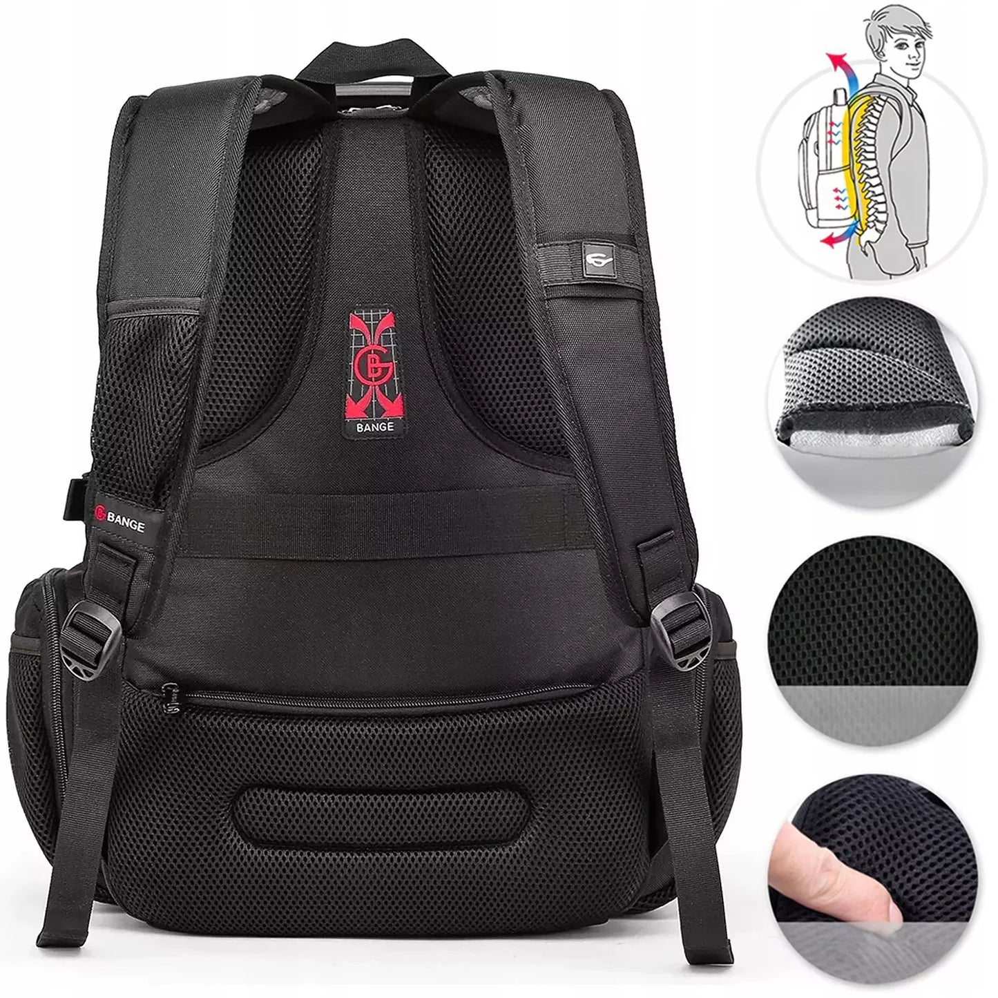 BANGE kuprinė nešiojamam kompiuteriui 15" miesto, jaunimo, atspari vandeniui, su USB, juoda, DIDELĖ
