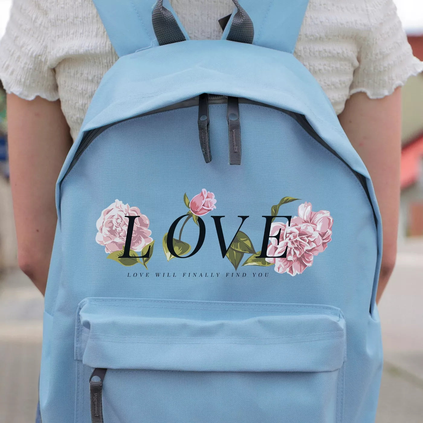 Mėlyna mokyklinė kuprinė išvykoms LOVE ROSE stilingi madingi raštai