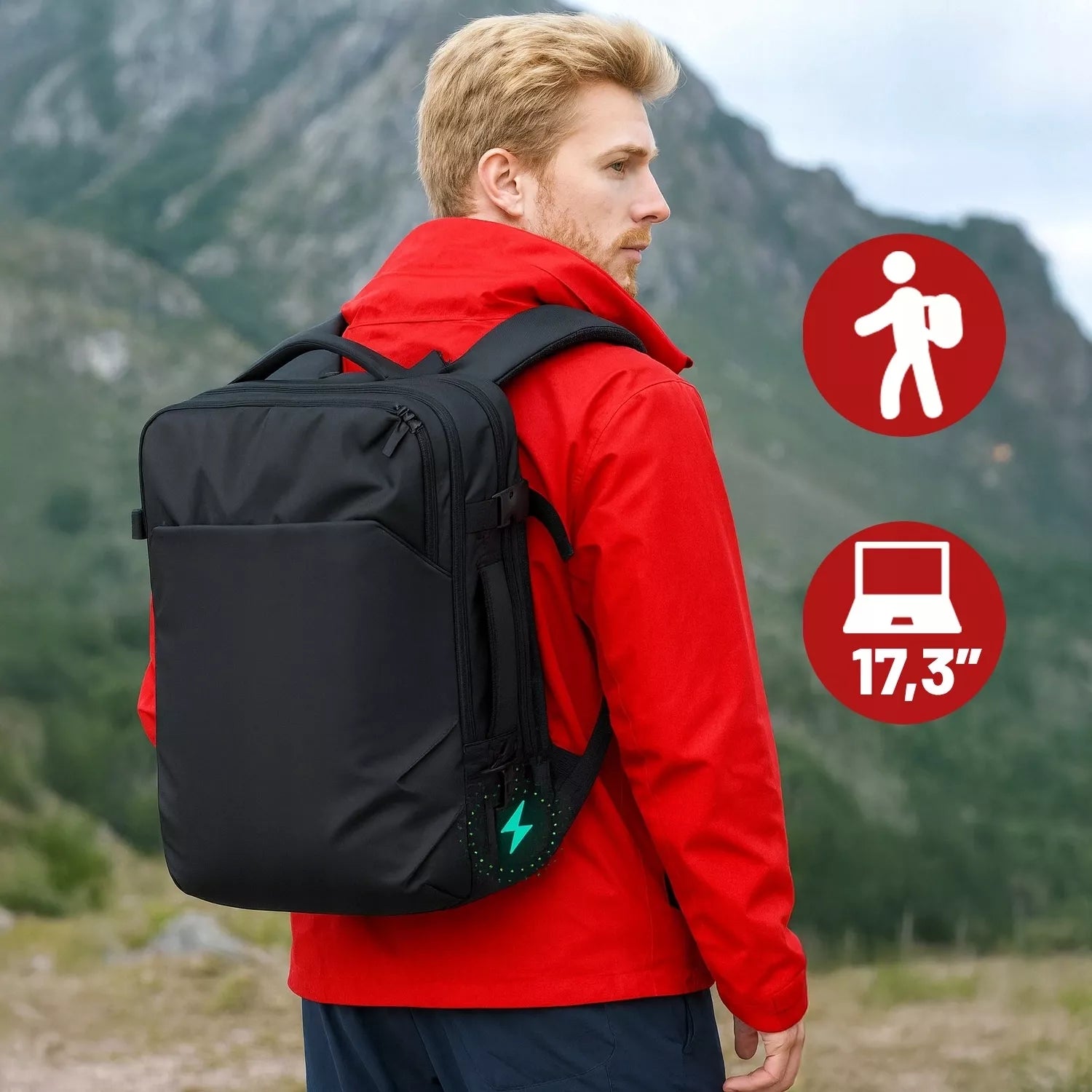 Kelioninė kuprinė nešiojamam kompiuteriui 17.3" USB, vandeniui atspari, talpi 28L