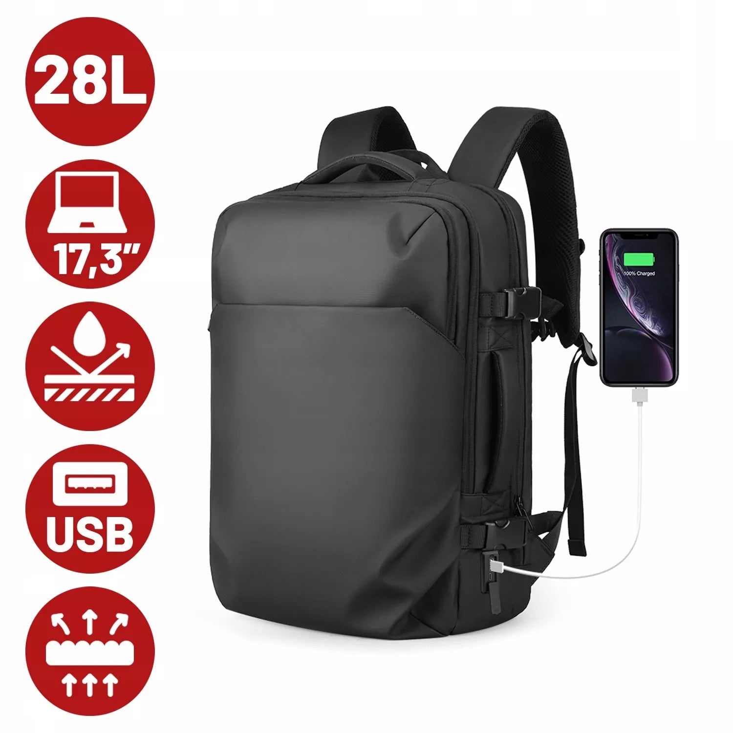 Kelioninė kuprinė nešiojamam kompiuteriui 17.3" USB, vandeniui atspari, talpi 28L
