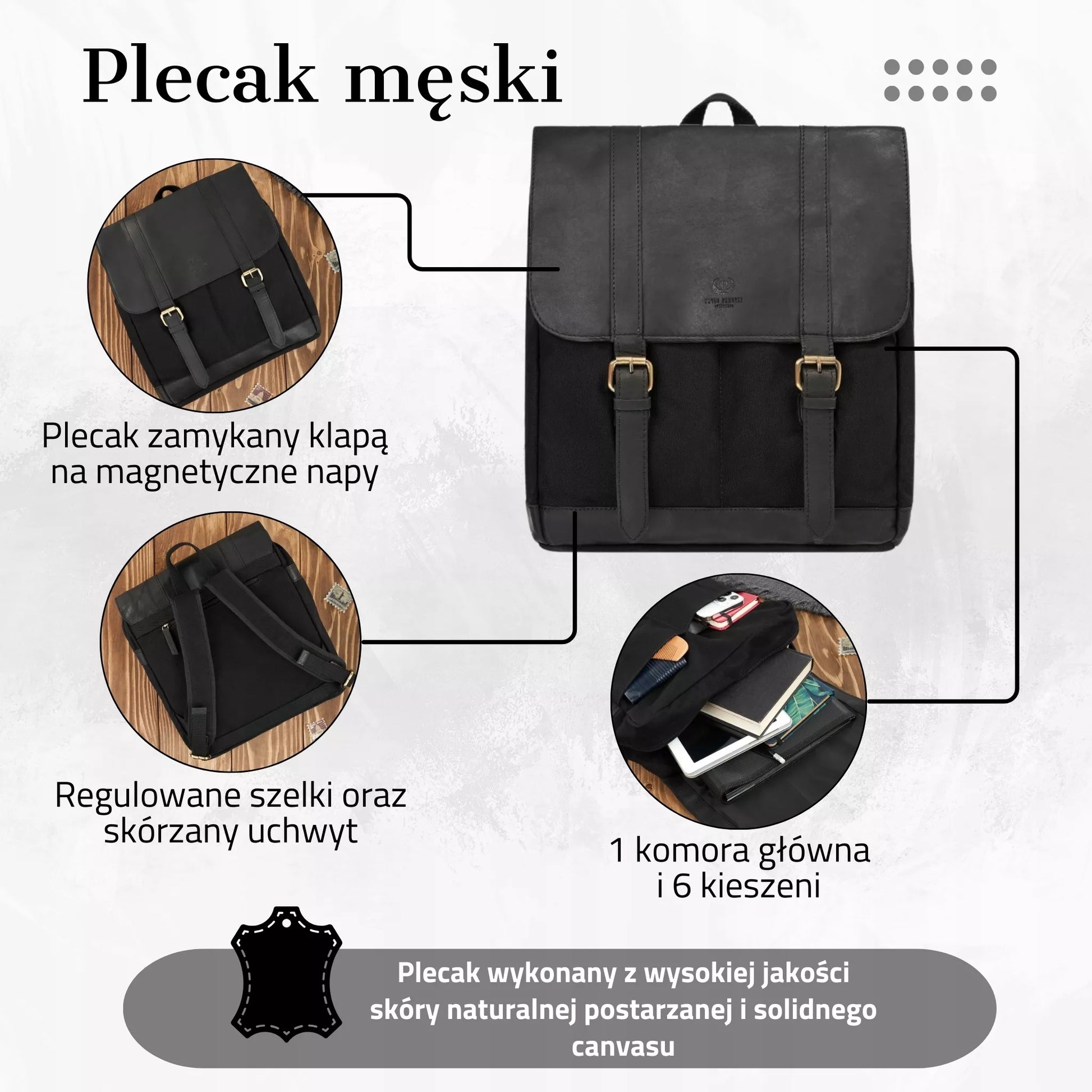 Vyriška odinė kuprinė Paolo Peruzzi juoda, skirta nešiojamam kompiuteriui, oda + drobė