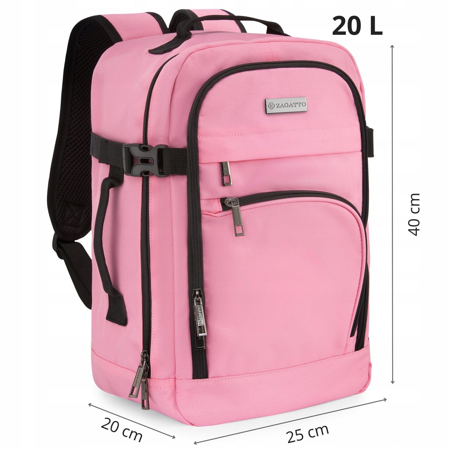 Kelioninė kuprinė 40x20x25 į lėktuvą, lengvas rankinis bagažas, rožinė ZAGATTO