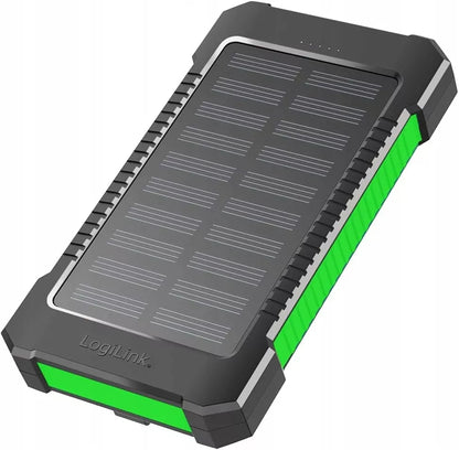 Saulės energijos Powerbank 8000 mAh IP65 Logilink su Žibintuvėliu, Įkrovimas 2xUSB-A 2A 10W