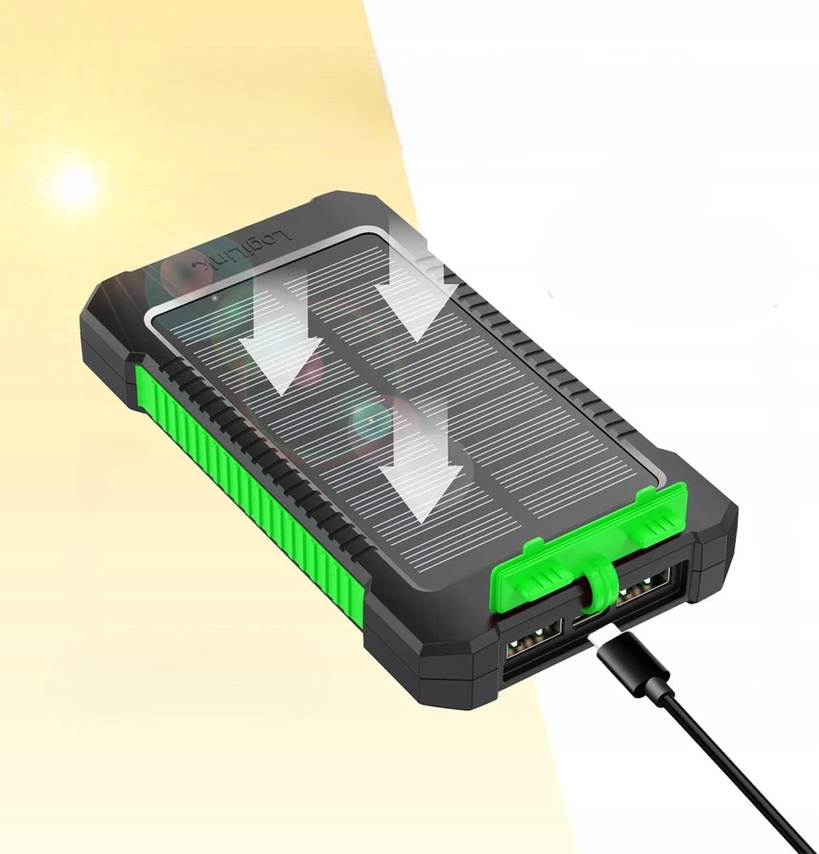 Saulės energijos Powerbank 8000 mAh IP65 Logilink su Žibintuvėliu, Įkrovimas 2xUSB-A 2A 10W