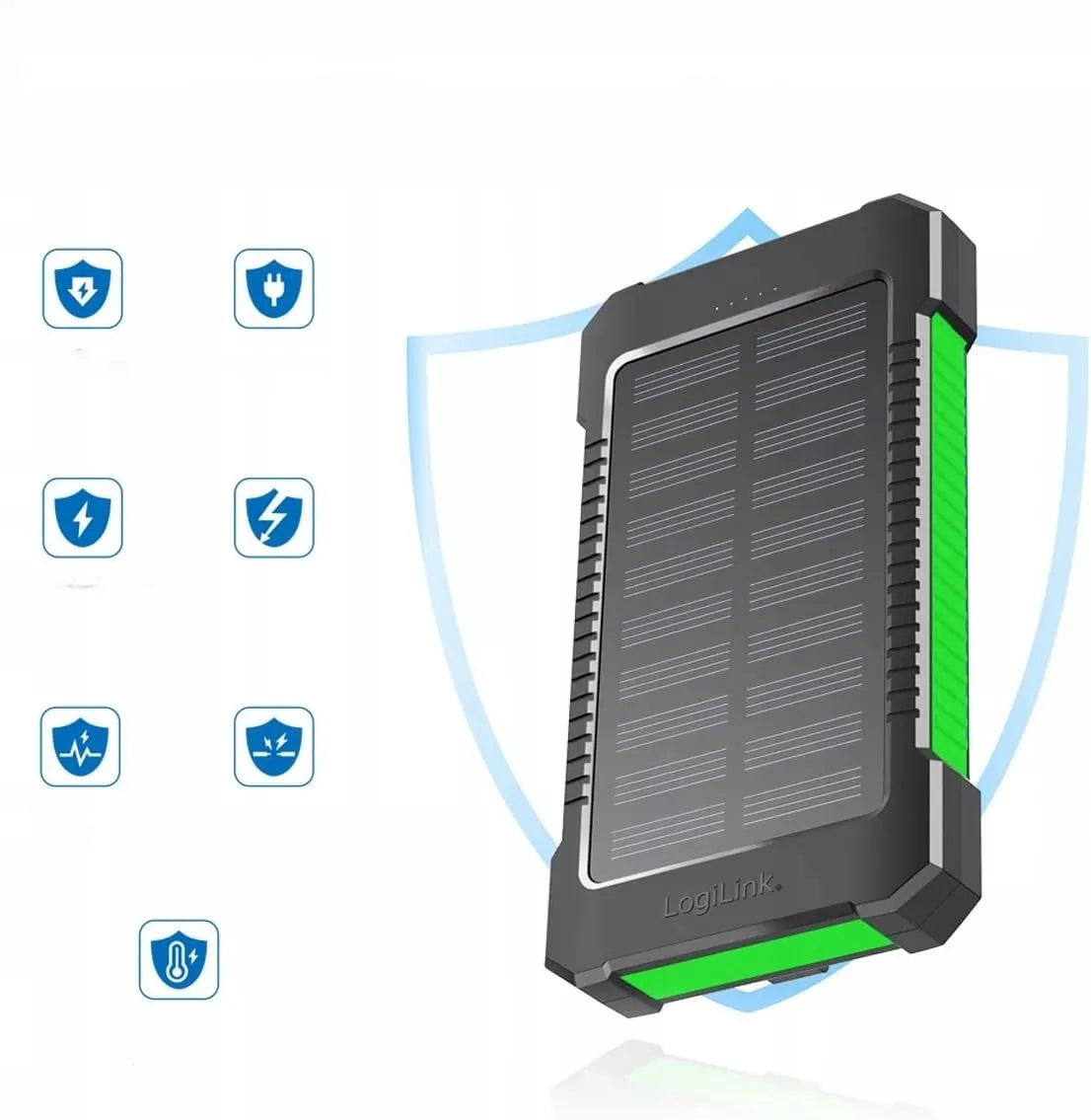 Saulės energijos Powerbank 8000 mAh IP65 Logilink su Žibintuvėliu, Įkrovimas 2xUSB-A 2A 10W