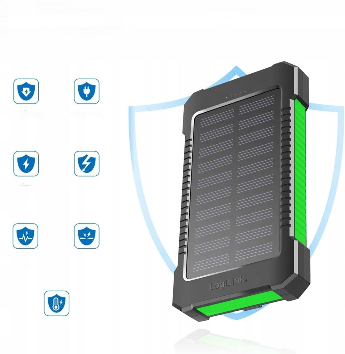 Saulės energijos Powerbank 8000 mAh IP65 Logilink su Žibintuvėliu, Įkrovimas 2xUSB-A 2A 10W