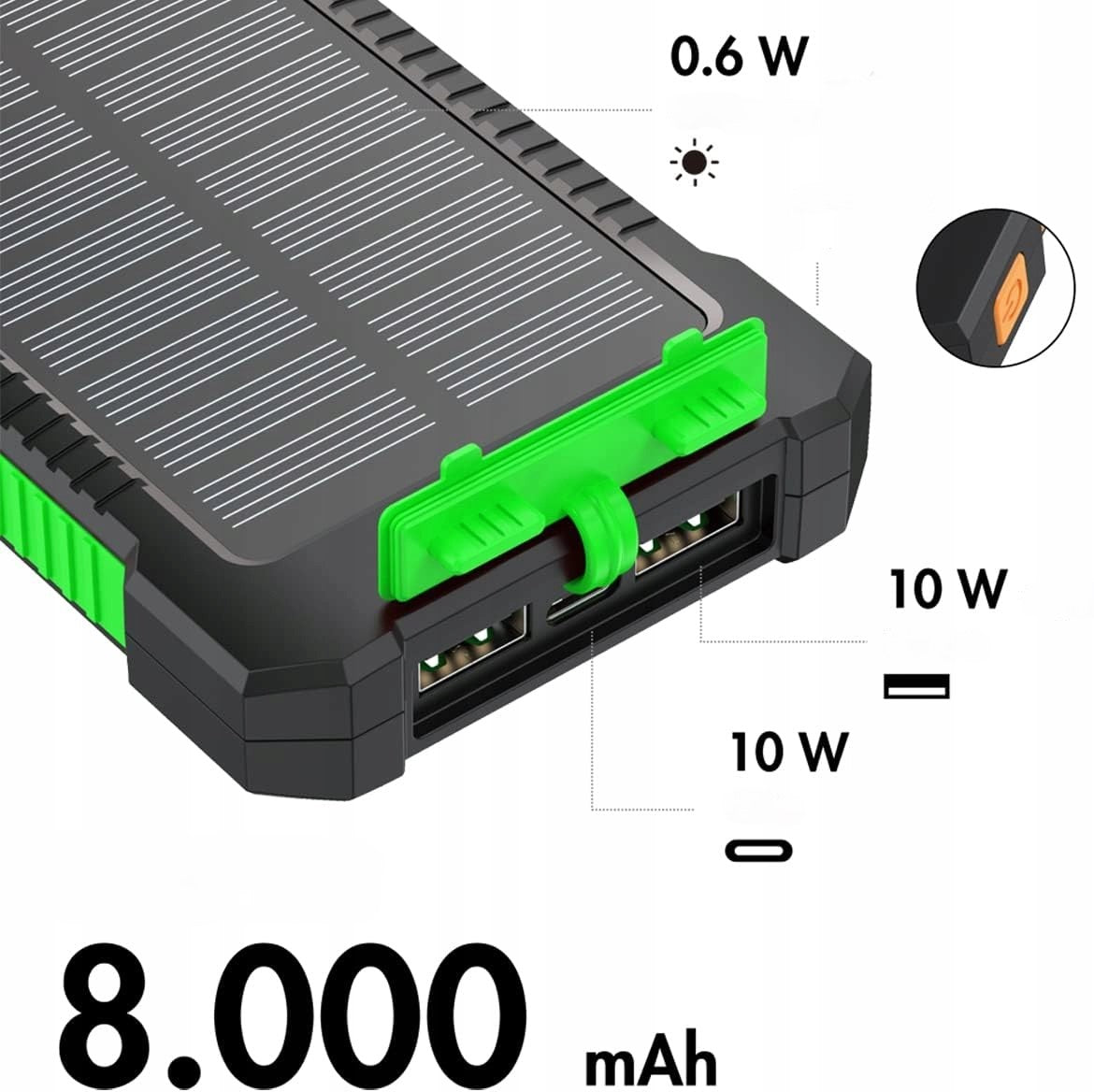 Saulės energijos Powerbank 8000 mAh IP65 Logilink su Žibintuvėliu, Įkrovimas 2xUSB-A 2A 10W