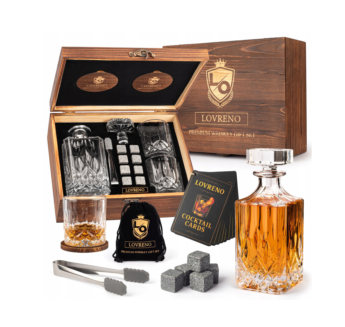 Prabangus viskio rinkinys – taurės, karafė, akmenukai ir dovanų dėžutė