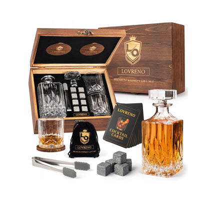 Prabangus viskio rinkinys – taurės, karafė, akmenukai ir dovanų dėžutė