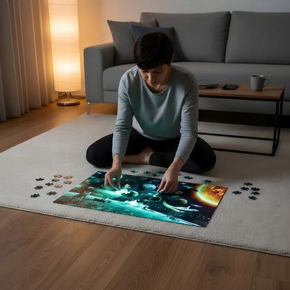 Fluorescencinė dėlionė "Kosmonautas", šviečianti tamsoje, 1000 elementų