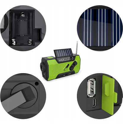 NEŠIOJAMAS RADISTUVAS SAULĖS ENERGIJA KORTELE SIGNALIZACIJA DINAMO AVARINIS ŽIBINTUVĖLIS POWERBANK 3 IN 1
