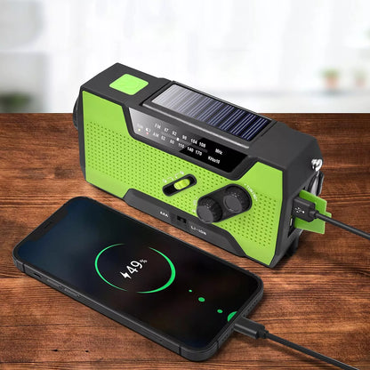 NEŠIOJAMAS RADISTUVAS SAULĖS ENERGIJA KORTELE SIGNALIZACIJA DINAMO AVARINIS ŽIBINTUVĖLIS POWERBANK 3 IN 1
