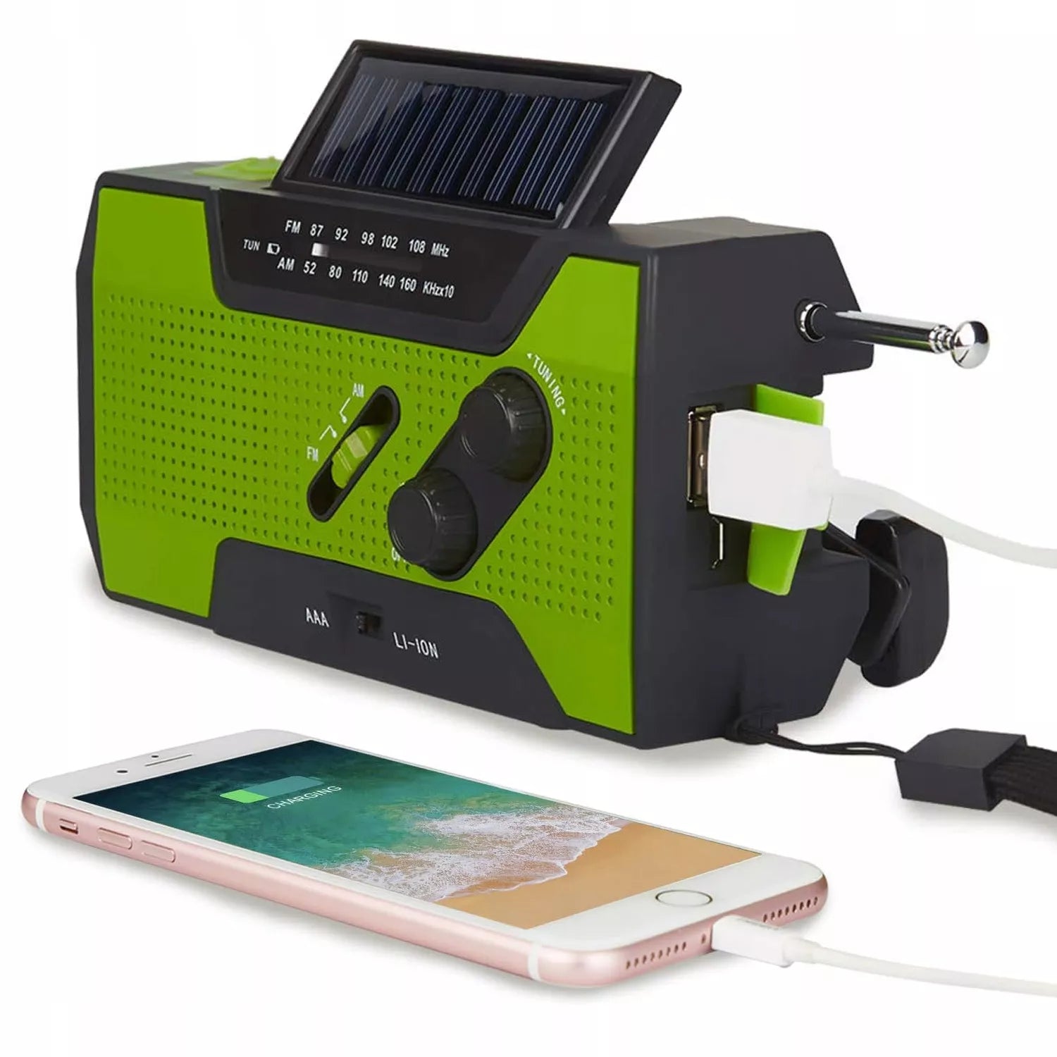 NEŠIOJAMAS RADISTUVAS SAULĖS ENERGIJA KORTELE SIGNALIZACIJA DINAMO AVARINIS ŽIBINTUVĖLIS POWERBANK 3 IN 1