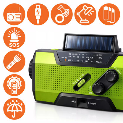NEŠIOJAMAS RADISTUVAS SAULĖS ENERGIJA KORTELE SIGNALIZACIJA DINAMO AVARINIS ŽIBINTUVĖLIS POWERBANK 3 IN 1