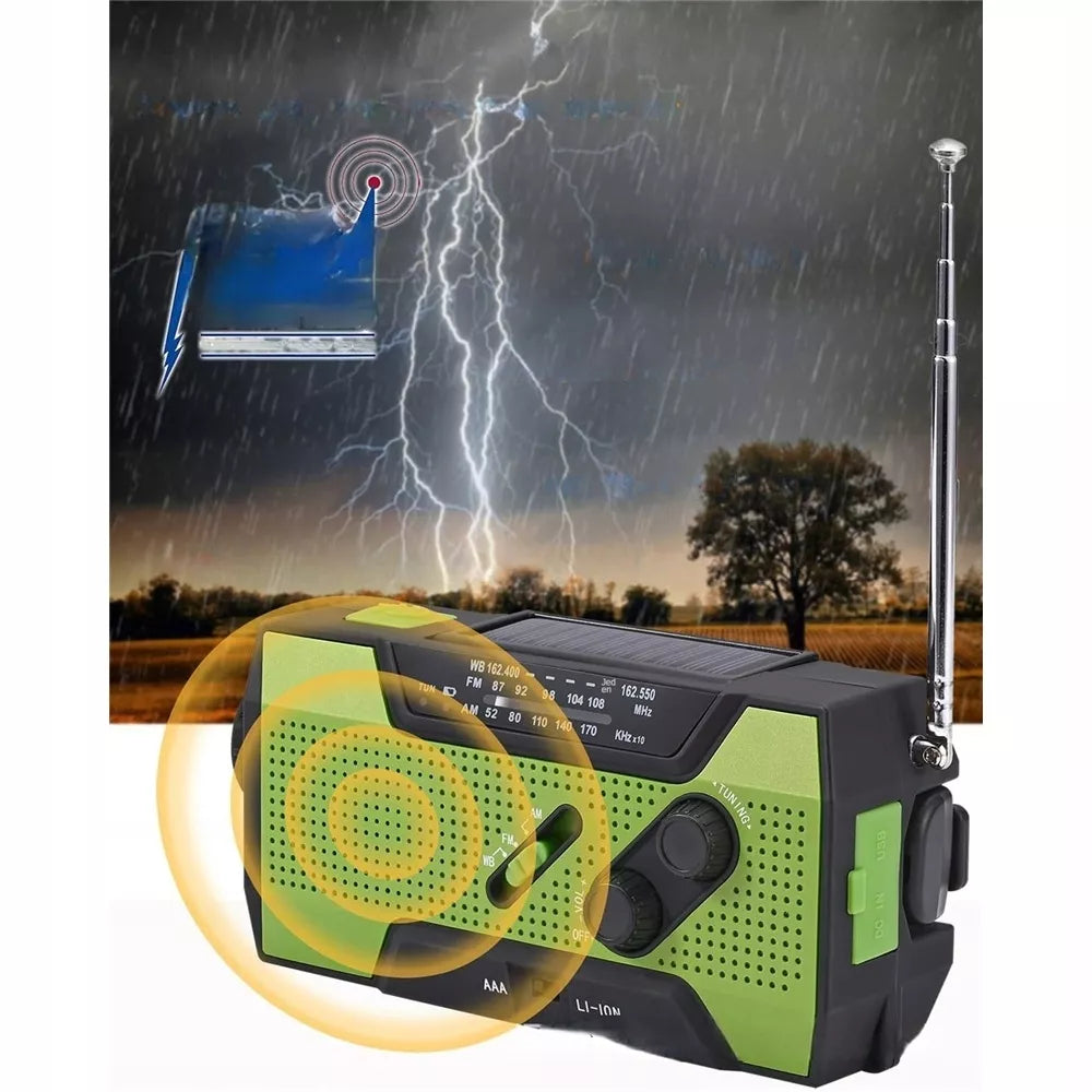 NEŠIOJAMAS RADISTUVAS SAULĖS ENERGIJA KORTELE SIGNALIZACIJA DINAMO AVARINIS ŽIBINTUVĖLIS POWERBANK 3 IN 1