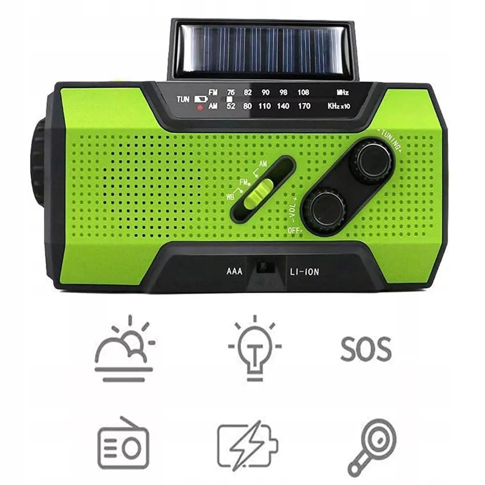 NEŠIOJAMAS RADISTUVAS SAULĖS ENERGIJA KORTELE SIGNALIZACIJA DINAMO AVARINIS ŽIBINTUVĖLIS POWERBANK 3 IN 1