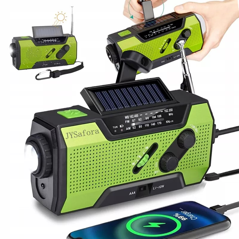 NEŠIOJAMAS RADISTUVAS SAULĖS ENERGIJA KORTELE SIGNALIZACIJA DINAMO AVARINIS ŽIBINTUVĖLIS POWERBANK 3 IN 1