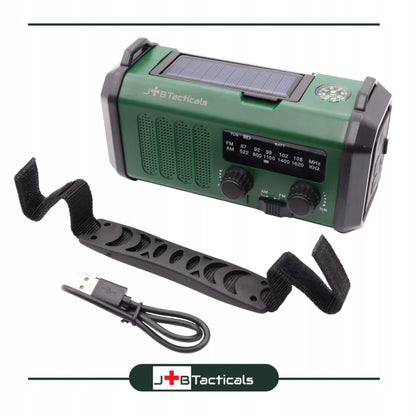 Nešiojama avarinė FM/AM radijo imtuvas su saulės energija, dinaminiu suktuku, POWERBANK ir žibintuvėliu