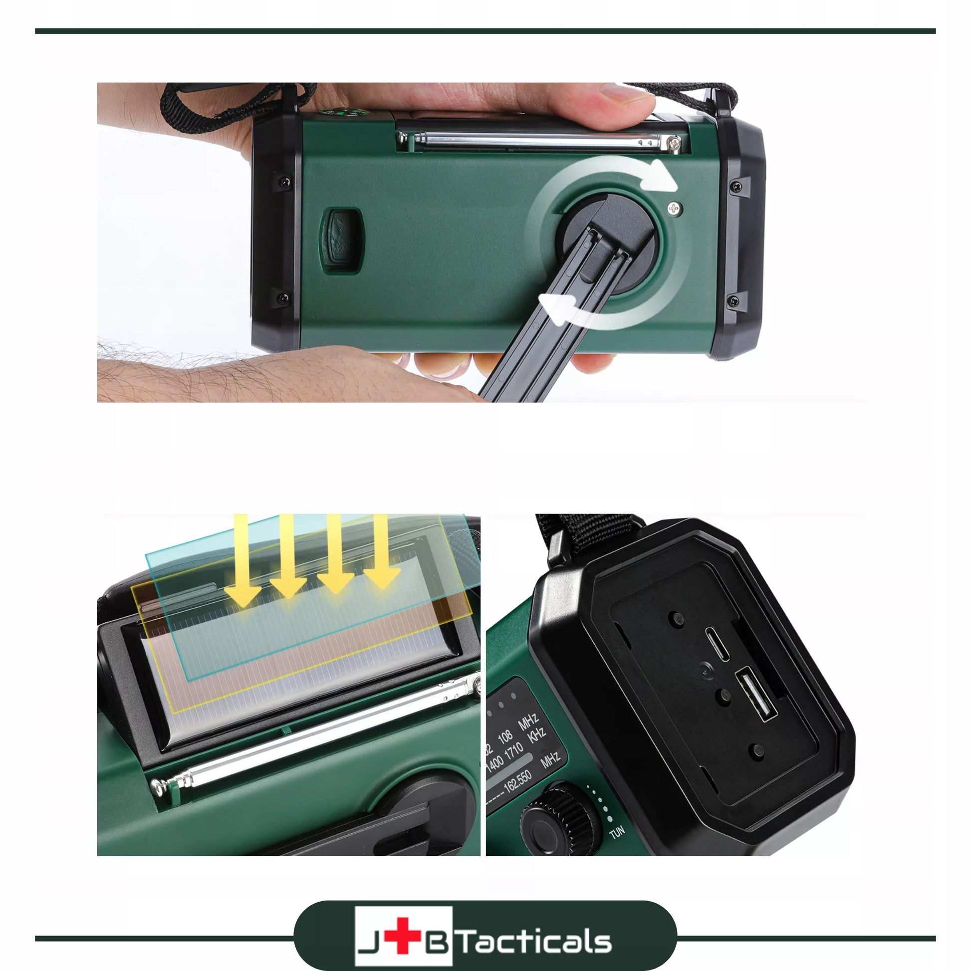 Nešiojama avarinė FM/AM radijo imtuvas su saulės energija, dinaminiu suktuku, POWERBANK ir žibintuvėliu
