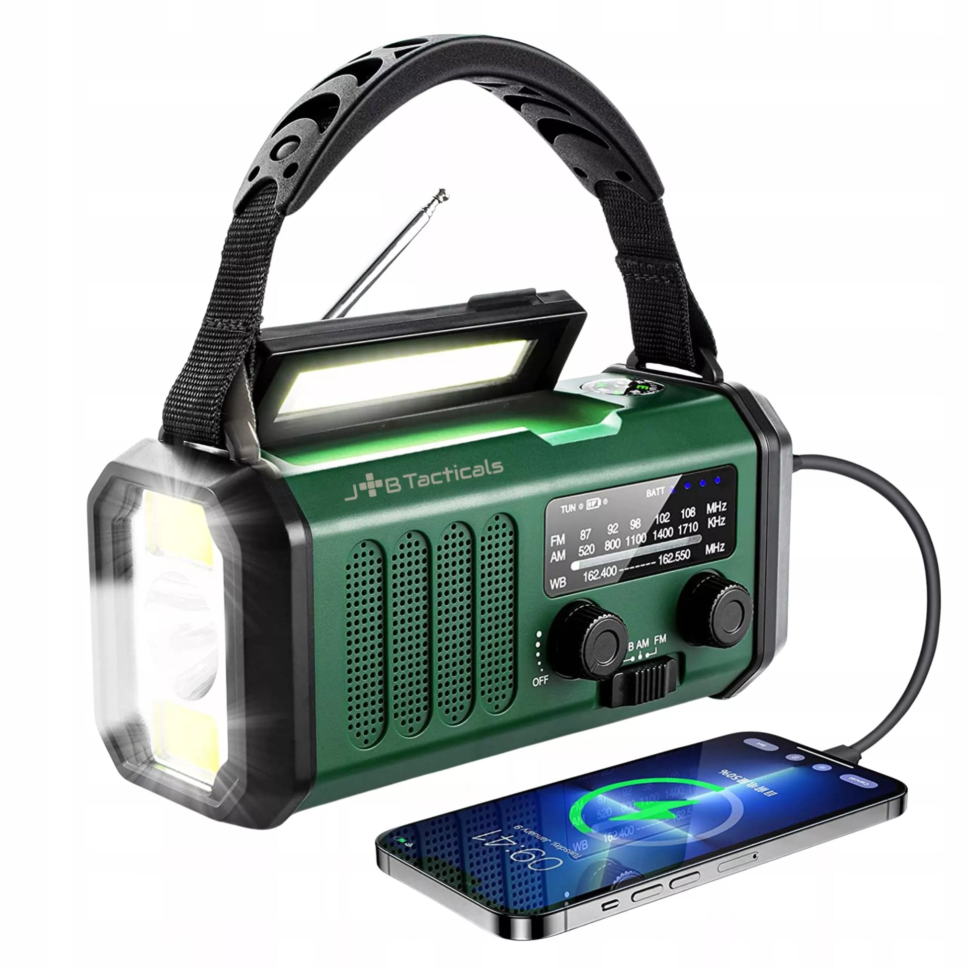 Nešiojama avarinė FM/AM radijo imtuvas su saulės energija, dinaminiu suktuku, POWERBANK ir žibintuvėliu