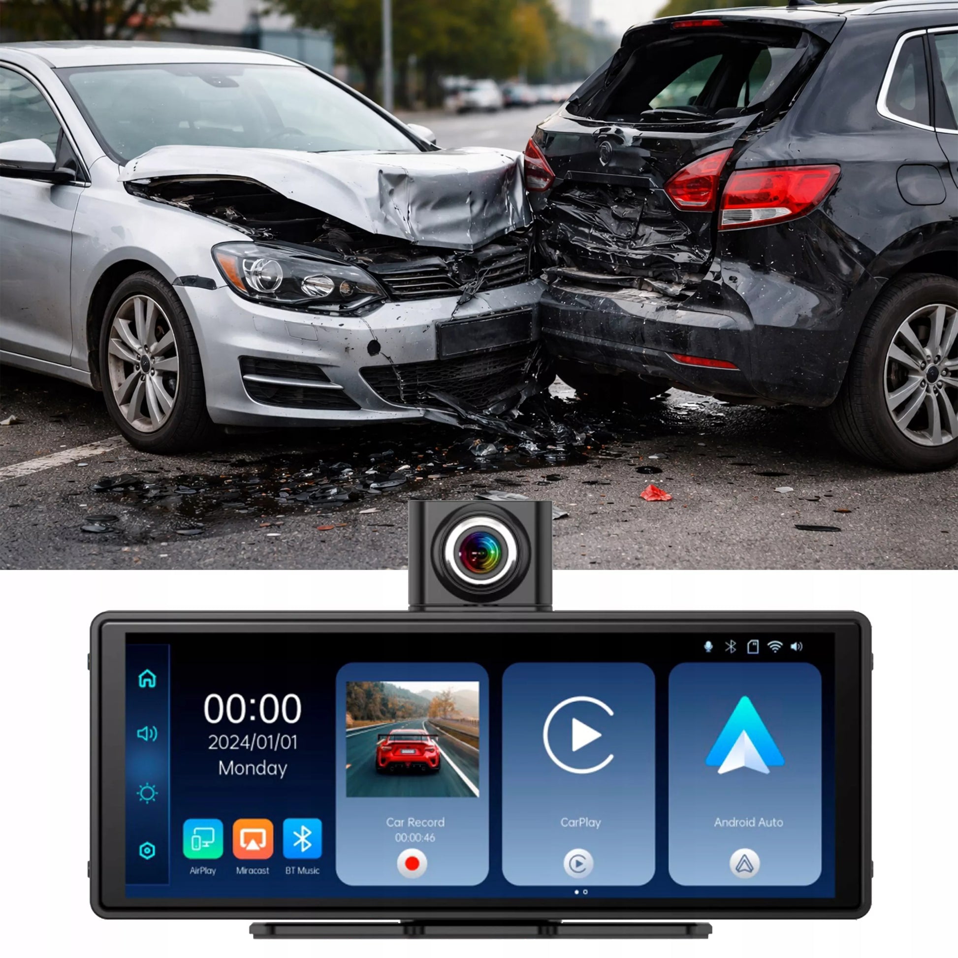 Automobilinis radijas, multimedijos stotis, monitorius su Carplay, kamera, Android Auto