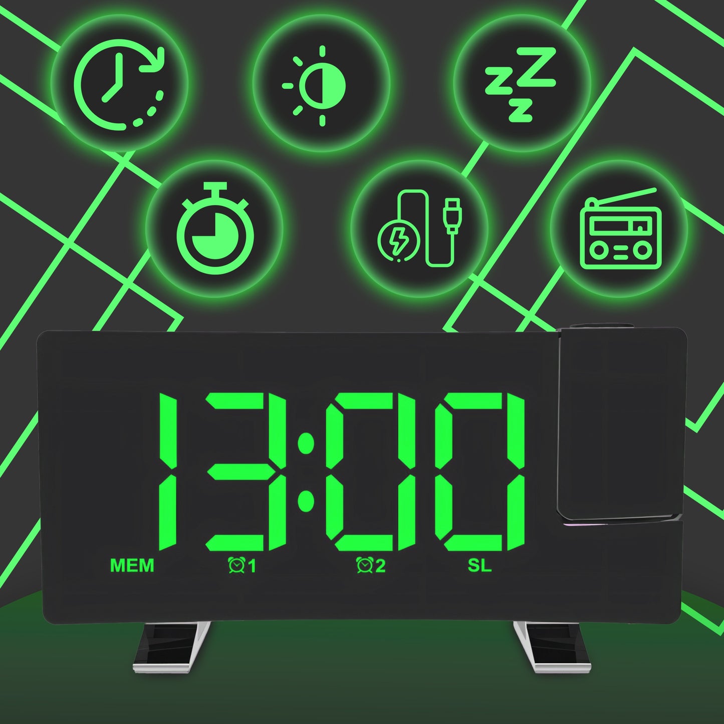 Radijo žadintuvas su projektoriumi, juodas, USB, garsus žadintuvas, LED ekranas