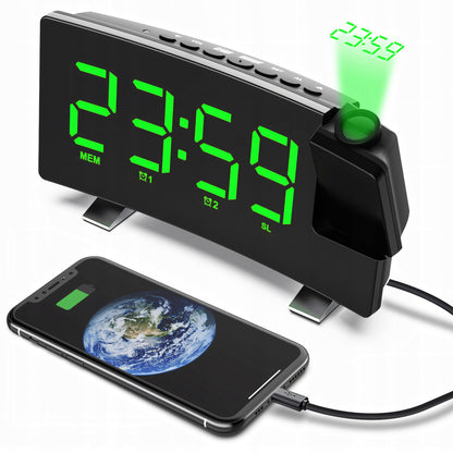 Radijo žadintuvas su projektoriumi, juodas, USB, garsus žadintuvas, LED ekranas