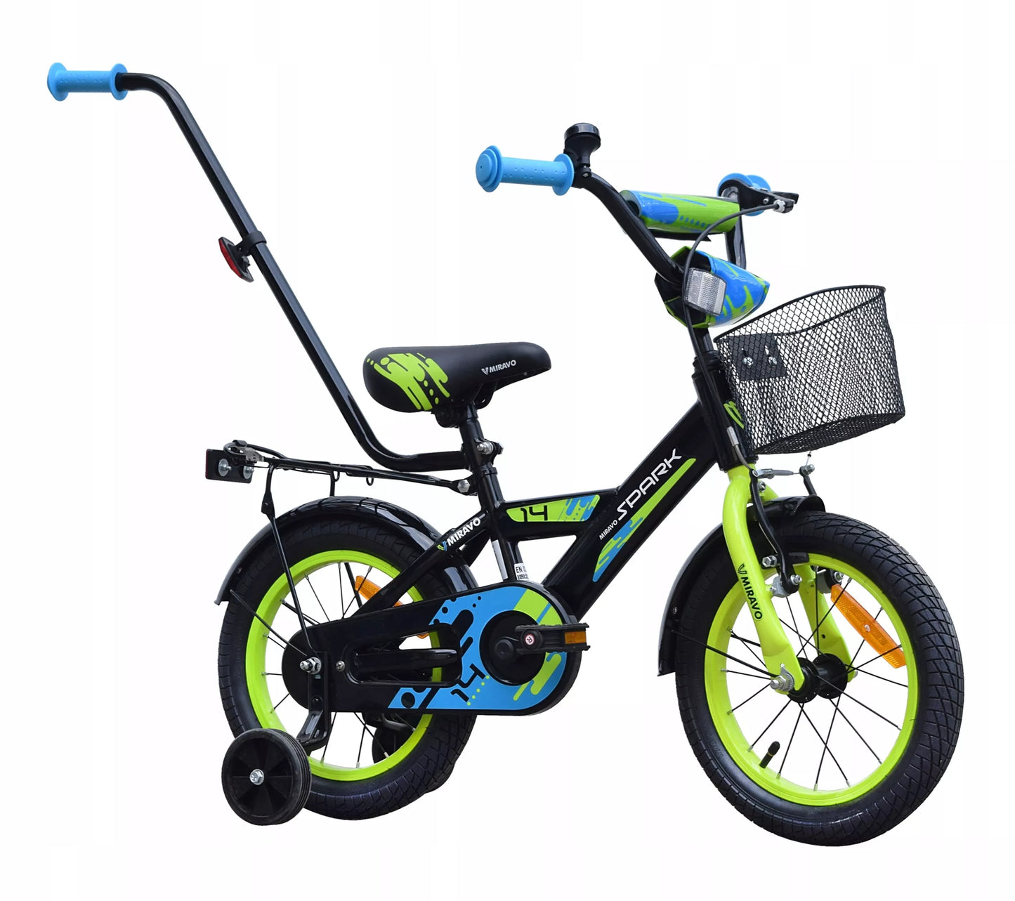 Vaikiškas dviratis 35 cm, su krepšeliu ir stūmimo rankena