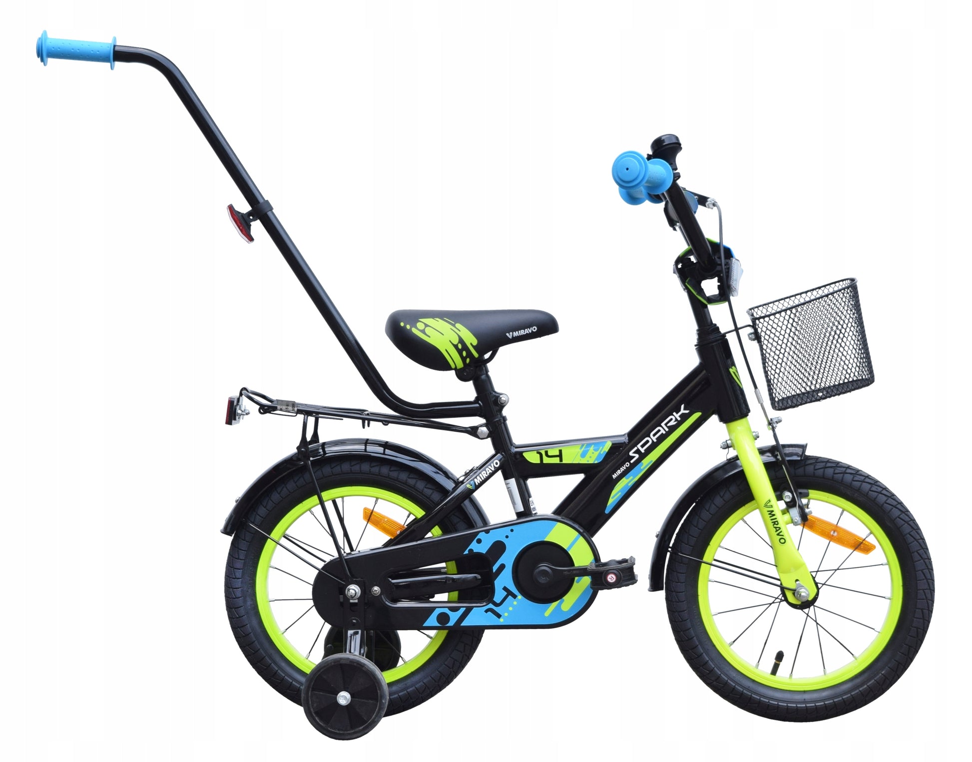 Vaikiškas dviratis 35 cm, su krepšeliu ir stūmimo rankena