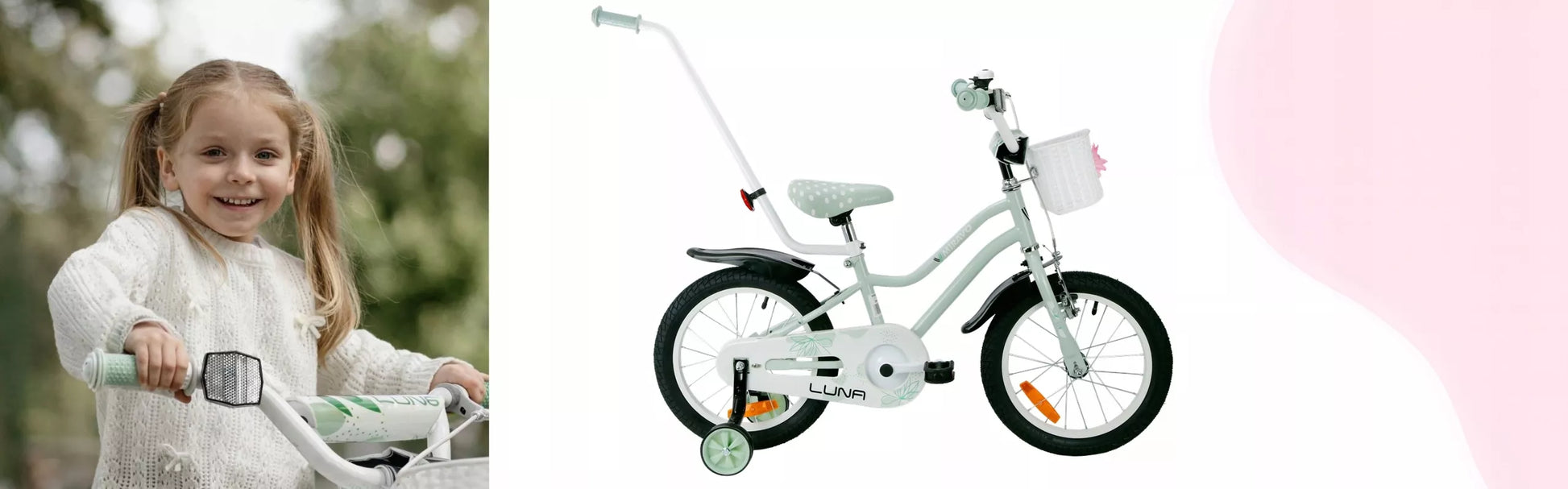 Vaikiškas dviratis mergaitei 40 cm, su krepšeliu ir stūmimo rankena